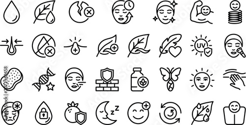 Skincare properties icon set line art vector icons for cosmetic product packaging design skin care benefit label uv protection anti aging collagen organic dermatology ui app.