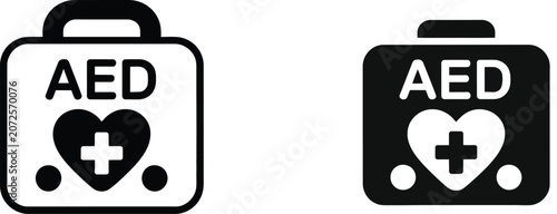 AED, defibrillator icon set featuring emergency response symbols for first aid, heart health, and medical awareness.
