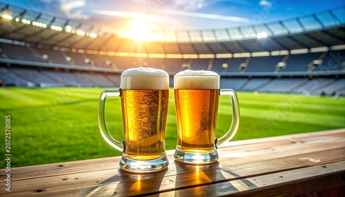 Two frosty mugs of golden beer sit outside a large stadium
