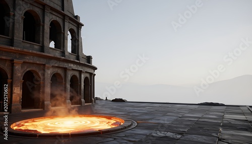 Minimalist Ancient Setting with Fire Portal in Scenic Landscape