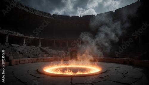 Minimalist Ancient Arena with Fire Circle Under Dramatic Clouds