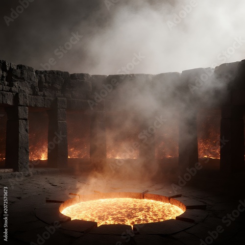 Minimalist Ancient Arena with Fiery Pit Surrounded by Dark Rocks