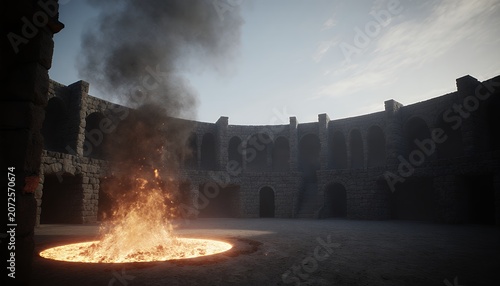 Minimalist Ancient Arena with Fire in a Mystical Setting