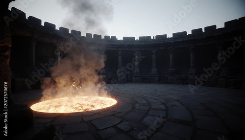 Minimalist Ancient Arena with Fire and Smoke Effects