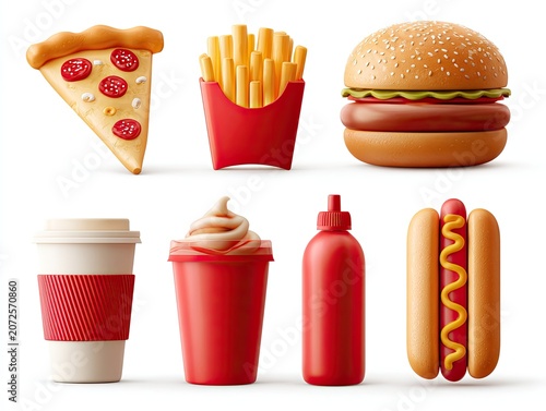Fast Food Items on White Background.