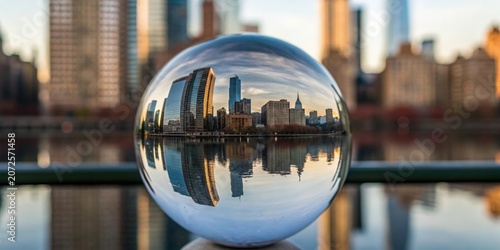 City skyline reflected upside down in a crystal ball with urban buildings