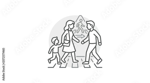 Fotografie Family using crosswalk for safe road crossing icon