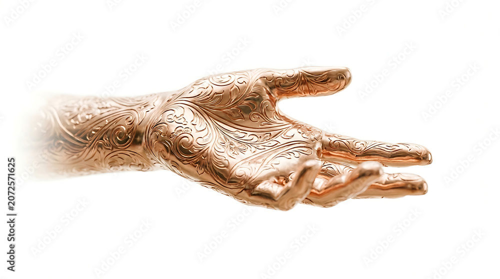 Obraz premium Ornate Rose Gold Metallic Hand Gesture Sculpture Isolated on White Background