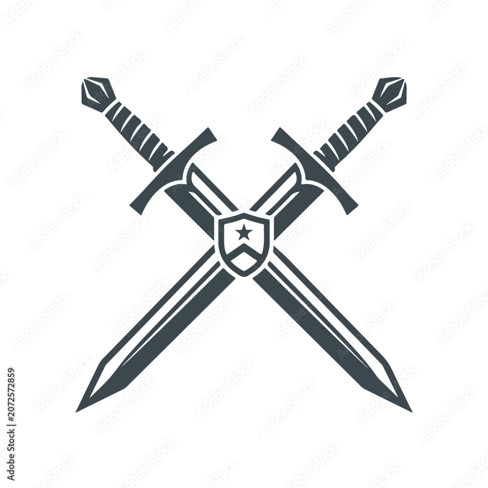 Fototapeta premium Crossed medieval swords emblem with central shield icon.