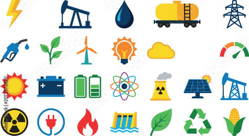 Cuadro en lienzo Renewable and Fossil Fuel Energy Icon Set Featuring Solar Panels Wind Turbines N