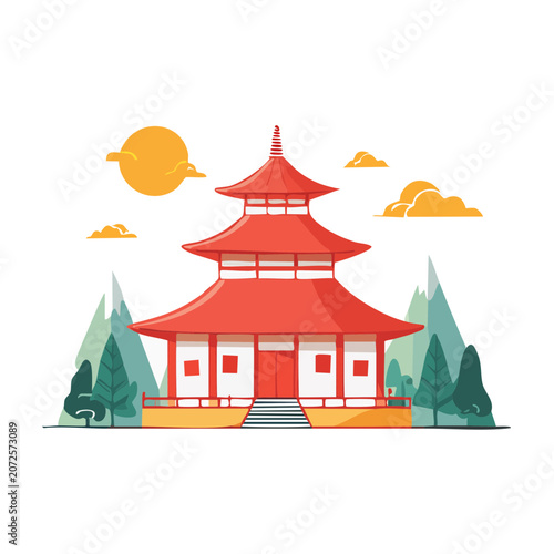 Flat illustration of a red pagoda temple with nature elements
