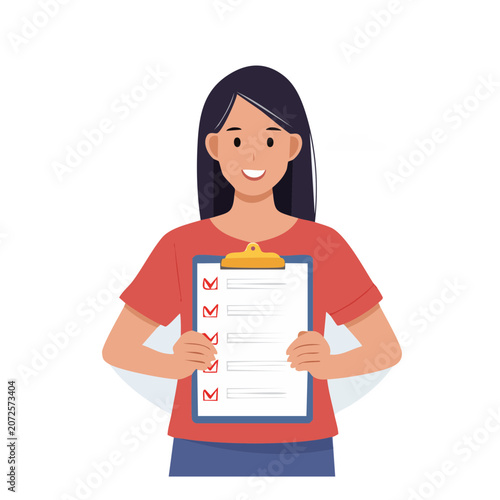 Smiling woman holding a clipboard with checklist