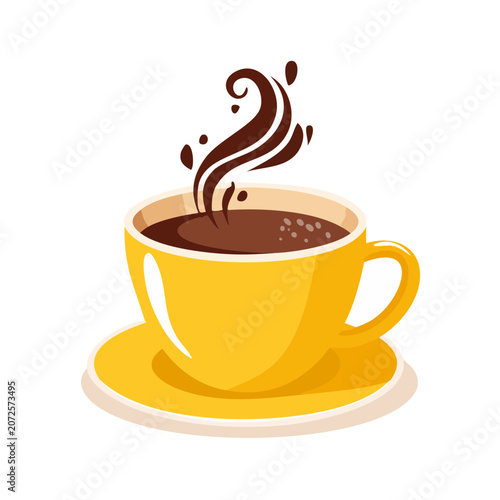 Yellow coffee cup with steam on saucer