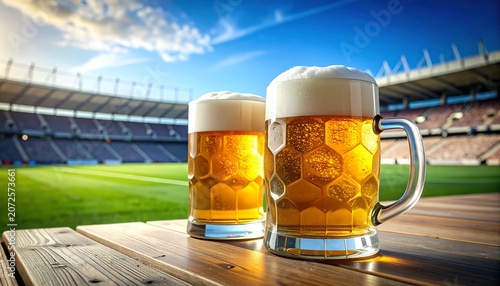 Two frothy beer steins on a wooden table with a stadium in background