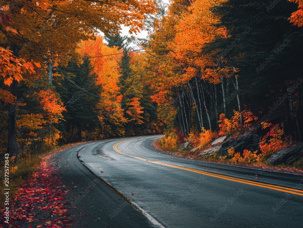 Naklejka premium Autumn road through colorful forest landscape.