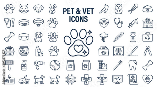 Set of pet and veterinary line icons for animal care, pet shop, clinic, and grooming services