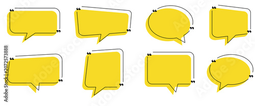 Collection of eight yellow quote boxes and speech bubbles quotation mark. Quote box, quote frame, speech bubble, quotation marks design element vector illustration on white background. EPS10.
