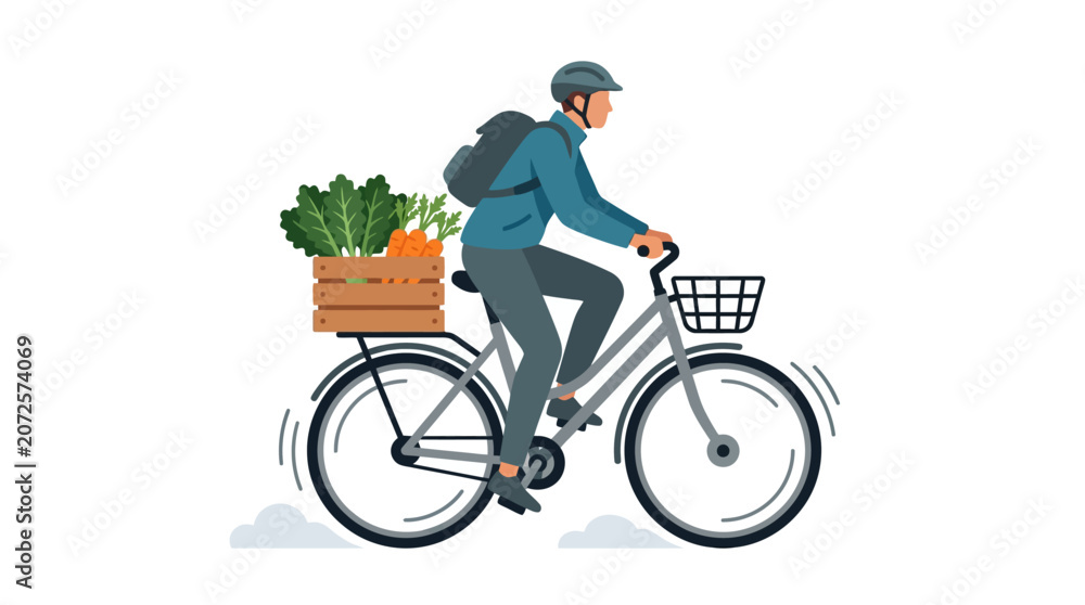 Naklejka premium Male courier riding bicycle delivering fresh organic vegetables in crate flat vector illustration