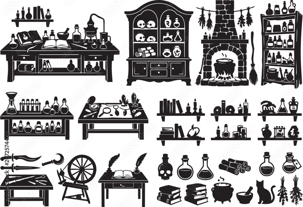 Obraz premium Premium Halloween Witch Workshop Collection Silhouette Bundle Featuring Tools Workbenches Crafting Stations And Magical Equipment