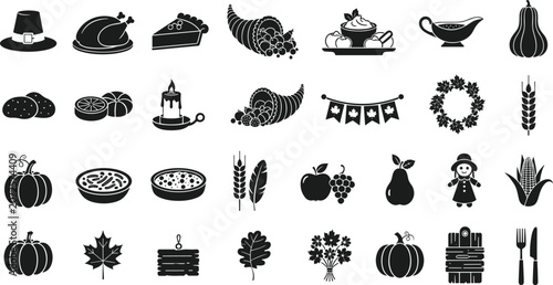 Thanksgiving and autumn harvest black icons set with pilgrim hat cornucopia and pumpkin