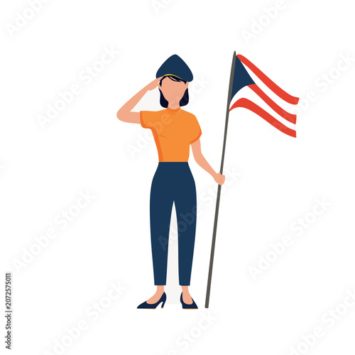 Woman in uniform saluting American flag, flat vector illustration