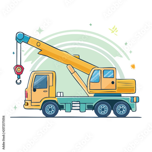 Yellow crane truck flat vector illustration