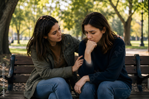 Two friends sitting together on park bench, one comforting the other, mental health support and empathy concept