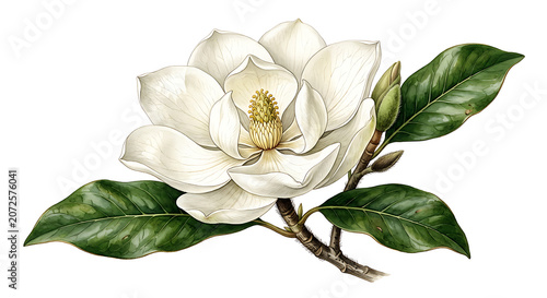 Beautiful white magnolia flower with green leaves isolated on white background