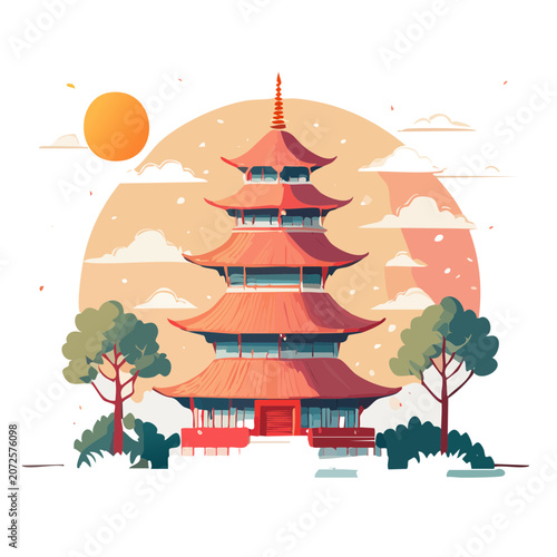 Flat illustration of a traditional pagoda with sun and trees