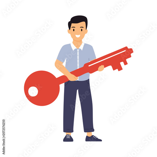 Man holding giant red key, flat vector illustration