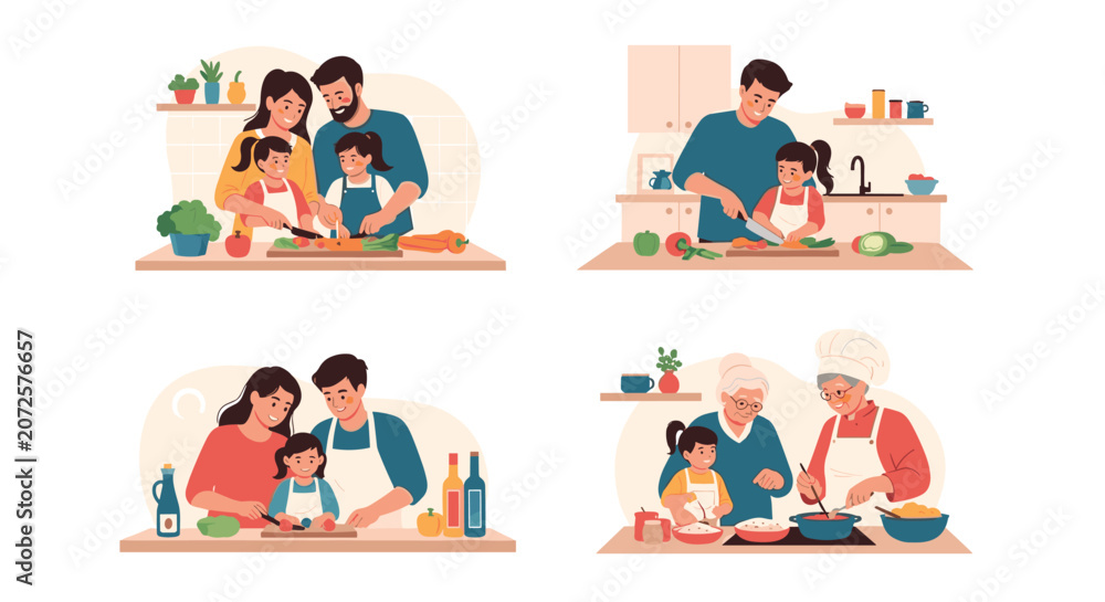 Fototapeta premium Warm family moments showing parents, children, and grandparents cooking healthy meals together in the kitchen.