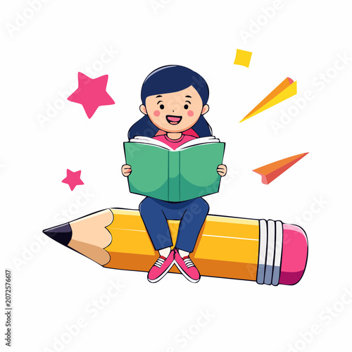 Girl reading a book while sitting on a pencil