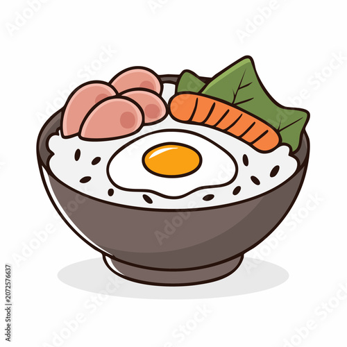 Cartoon Bowl of Rice with Fried Egg, Sausage, and Vegetables