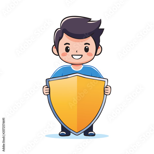 Cartoon boy holding a shield, flat vector illustration