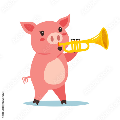 Cartoon pig playing a yellow trumpet