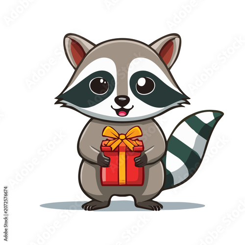 Cartoon raccoon holding a gift box with bow