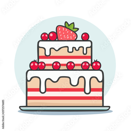 Layered Strawberry Cake Flat Vector Illustration