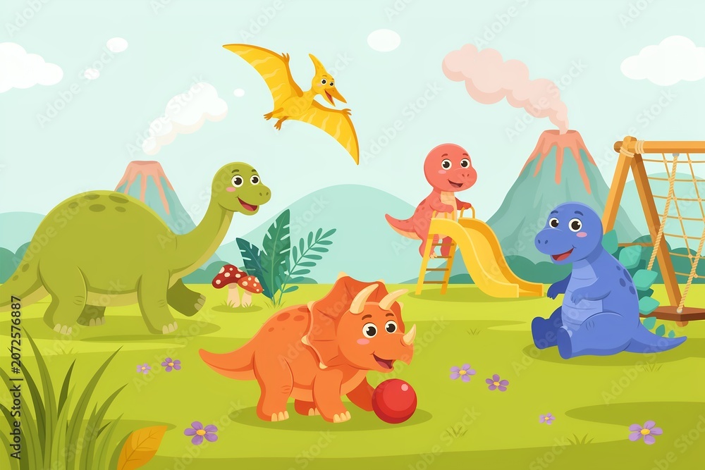 Naklejka premium Cheerful cartoon scene of friendly dinosaurs playing in a prehistoric park with a slide, volcanoes, and lush green grass under a bright blue sunny sky