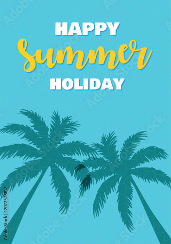 summer holiday background with palm trees reflection on blue water surface