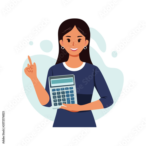 Woman holding calculator and pointing, flat vector illustration