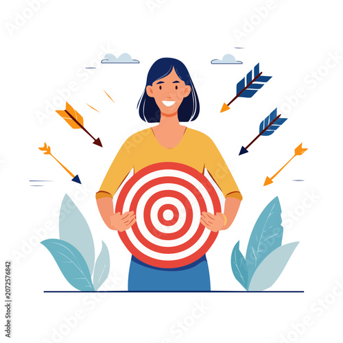 Woman holding target with arrows and leaves illustration