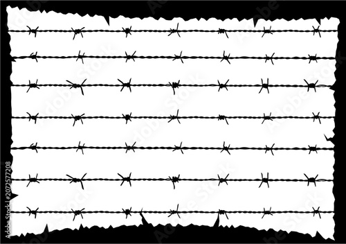 A monochrome vector illustration depicting multiple rows of horizontal barbed wire arranged across a torn, white rectangular piece of paper over a solid black background.