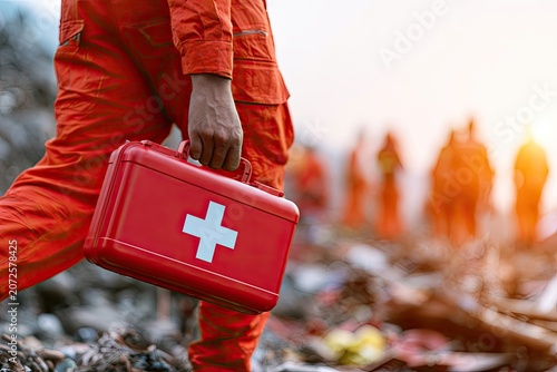 Person in orange uniform carries red first aid kit through debris