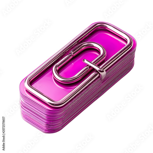 A stack of rectangular pink glossy cards held together by a metallic pink paperclip, isolated on transparent background