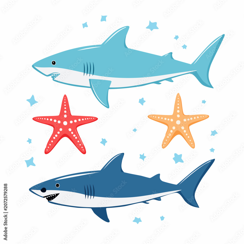 Fototapeta premium Cute Cartoon Sharks and Starfish Illustration