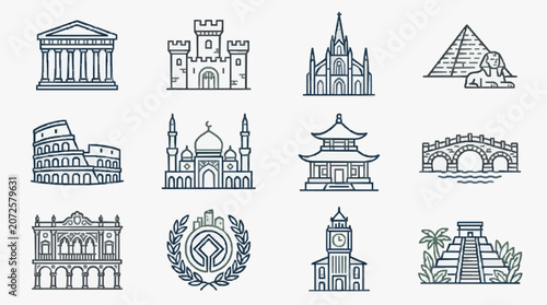 Dynamic Monochromatic Line Art Icons Set Featuring Iconic Global Landmarks and Architectural Styles