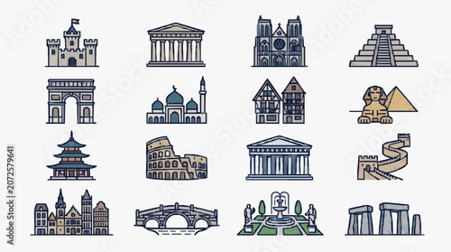 Clean Minimalist Line Drawing Icons of Famous World Landmarks and Architectural Styles in Monochrome