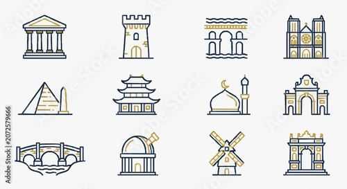 Professional Minimalist Line Art Icons Set of Historical and Cultural Landmark Buildings in Gold and Blue Outline Style