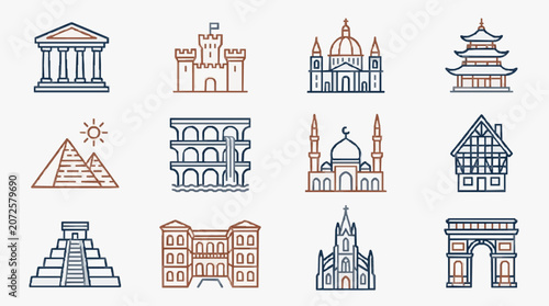 Creative Icons Set of Famous World Architectural Landmarks in Minimalist Line Art Style with Two Color Variations