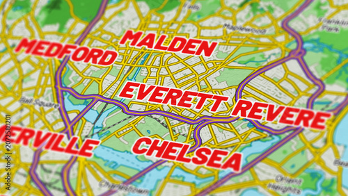 Fotografia Macro View of Everett Massachusetts Map Showing Detailed Streets, Roads, and Geo